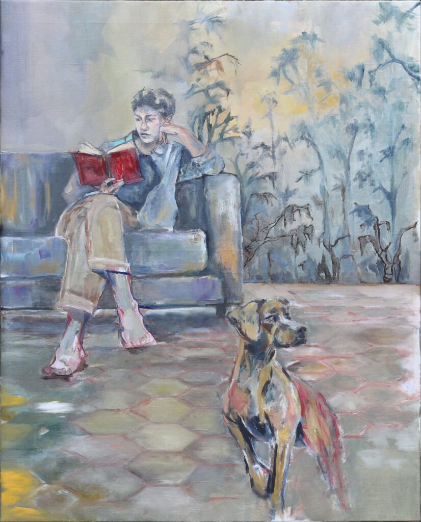 dipinto olio su lino ragazzo con libro arte italiana giulia ciacci
